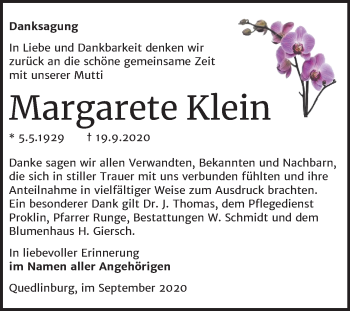 Traueranzeige von Margarete Klein von Wochenspiegel Quedlinburg