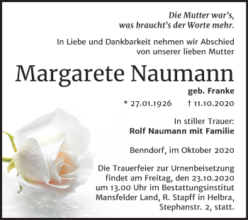 Traueranzeige von Margarete Naumann von Wochenspiegel Mansfelder Land