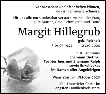 Traueranzeige von Margit Hillegrub von Mitteldeutsche Zeitung Mansfelder Land