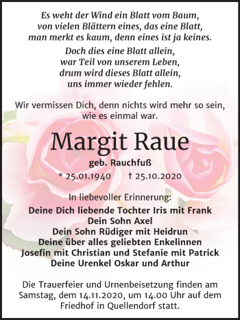 Traueranzeige von Margit Raue von Super Sonntag Köthen