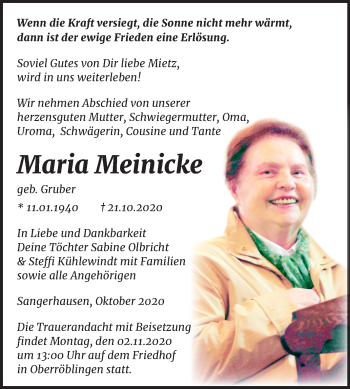 Traueranzeige von Maria Meinicke von Mitteldeutsche Zeitung Sangerhausen