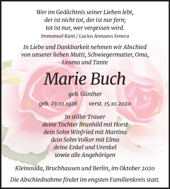 Traueranzeige von Marie Buch von Mitteldeutsche Zeitung Zeitz