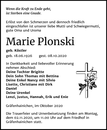 Traueranzeige von Marie Plonski von Super Sonntag Wittenberg