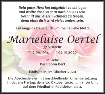 Traueranzeige von Marieluise Oertel von Super Sonntag Quedlinburg