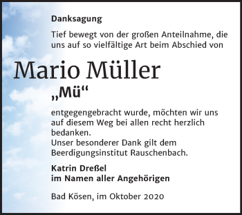 Traueranzeige von Mario Müller von Wochenspiegel Naumburg/Nebra