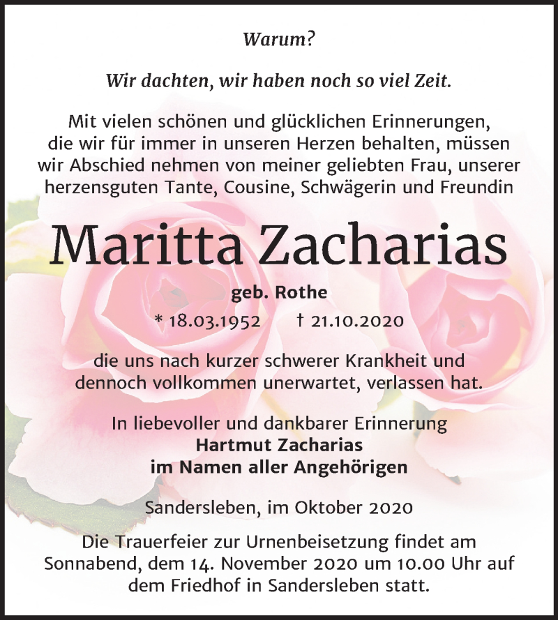  Traueranzeige für Maritta Zacharias vom 30.10.2020 aus Super Sonntag Mansfelder Land