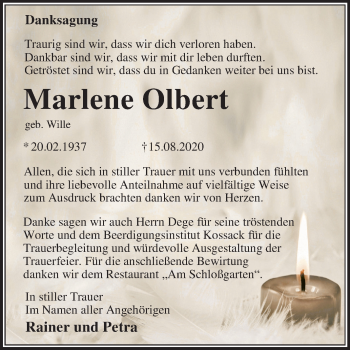 Traueranzeige von Marlene Olbert von Super Sonntag Dessau-Roßlau