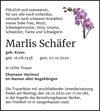 Traueranzeige von Marlis Schäfer von Super Sonntag Sangerhausen