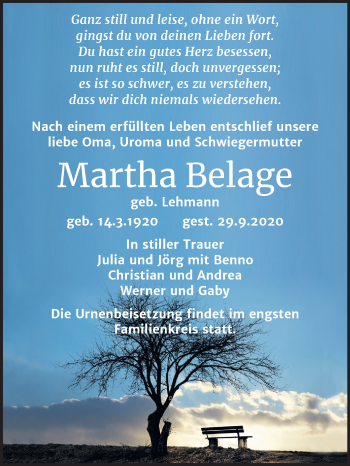 Traueranzeige von Martha Belage von Mitteldeutsche Zeitung Köthen