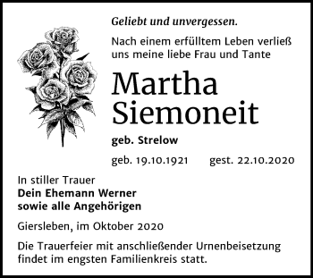 Traueranzeige von Martha Siemoneit von Super Sonntag Aschersleben