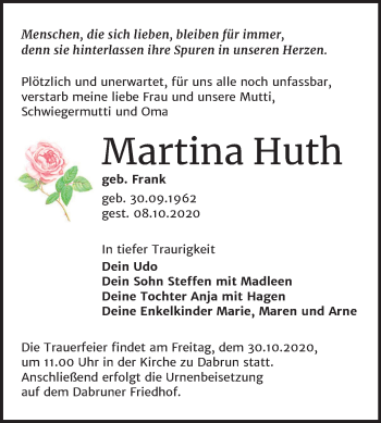 Traueranzeige von Martina Huth von Mitteldeutsche Zeitung Wittenberg