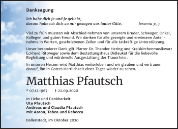 Traueranzeige von Matthias Pfautsch von Super Sonntag Quedlinburg