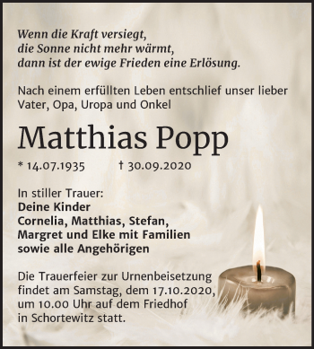 Traueranzeige von Matthias Popp von Super Sonntag Köthen