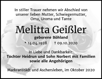 Traueranzeige von Melitta Geißler von Wochenspiegel Weißenfels