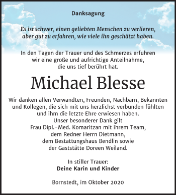 Traueranzeige von Michael Blesse von Mitteldeutsche Zeitung Mansfelder Land