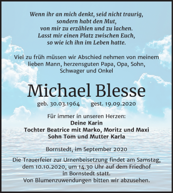Traueranzeige von Michael Blesse von Mitteldeutsche Zeitung Mansfelder Land