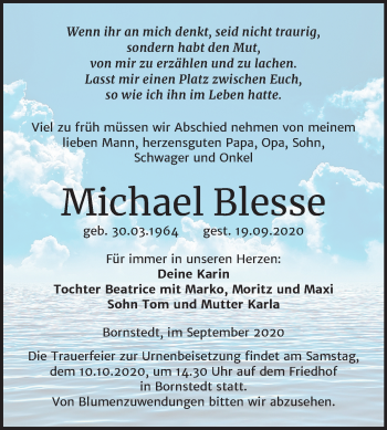 Traueranzeige von Michael Blesse von Super Sonntag Mansfelder Land
