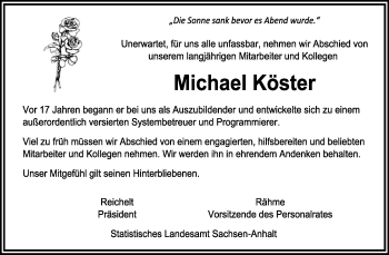 Traueranzeige von Michael Köster von Mitteldeutsche Zeitung Halle/Saalkreis