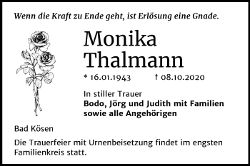 Traueranzeige von Monika Thalmann von Wochenspiegel Naumburg/Nebra