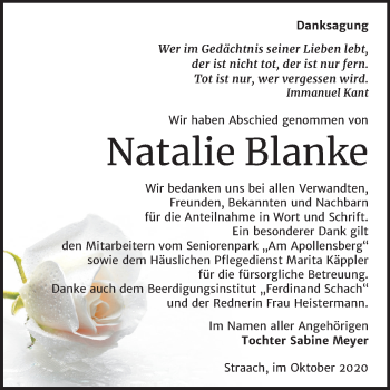 Traueranzeige von Natalie Blanke von Mitteldeutsche Zeitung Wittenberg
