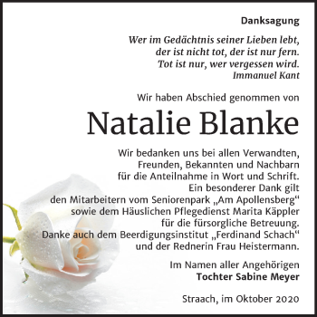 Traueranzeige von Natalie Blanke von Super Sonntag Wittenberg