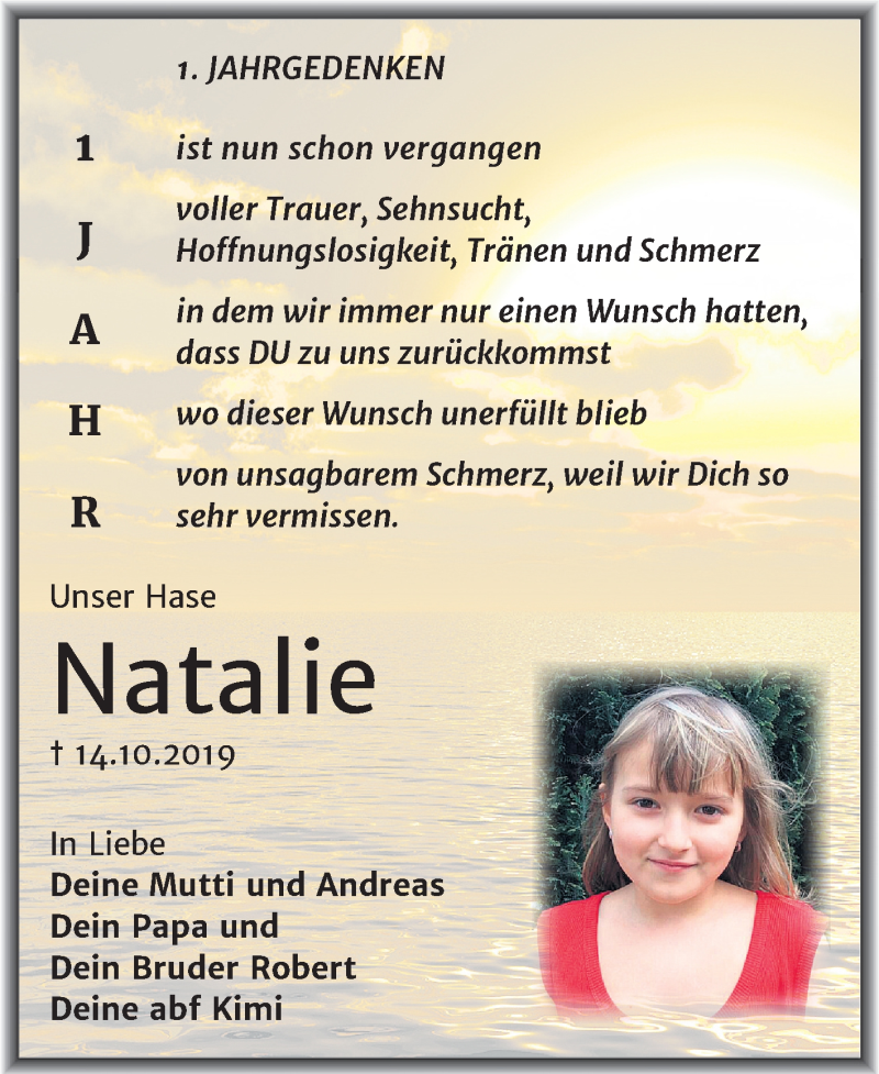  Traueranzeige für Natalie Skorupa vom 14.10.2020 aus Wochenspiegel Mansfelder Land