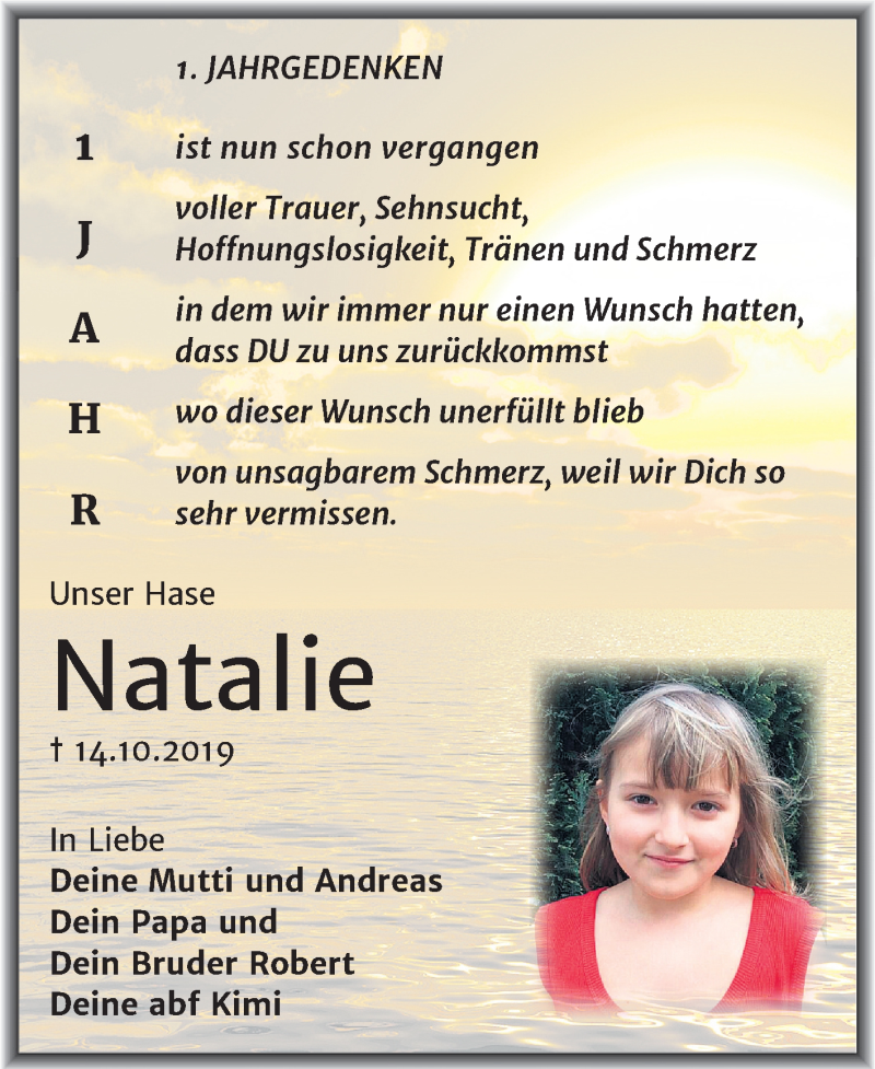  Traueranzeige für Natalie Skorupa vom 14.10.2020 aus Mitteldeutsche Zeitung Mansfelder Land