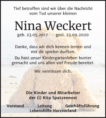 Traueranzeige von Nina Weckert von Super Sonntag Aschersleben