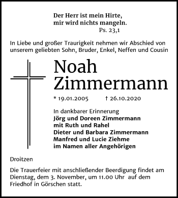 Traueranzeige von Noah Zimmermann von Super Sonntag Naumburg/Nebra