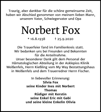 Traueranzeige von Norbert Fox von Wochenspiegel Weißenfels