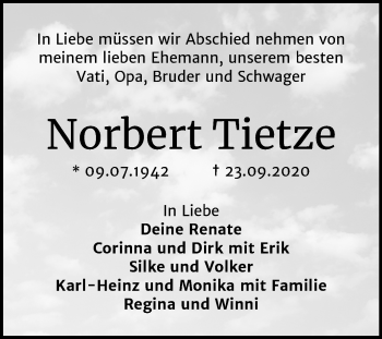 Traueranzeige von Norbert Tietze von Super Sonntag Dessau-Roßlau