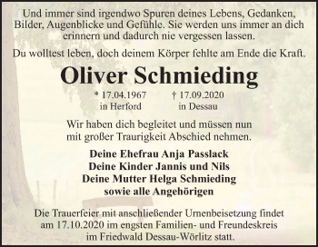 Traueranzeige von Oliver Schmieding von Mitteldeutsche Zeitung Dessau-Roßlau