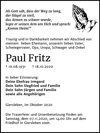 Traueranzeige von Paul Fritz von Mitteldeutsche Zeitung Aschersleben
