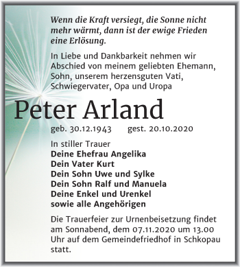 Traueranzeige von Peter Arland von Super Sonntag Merseburg/Querfurt