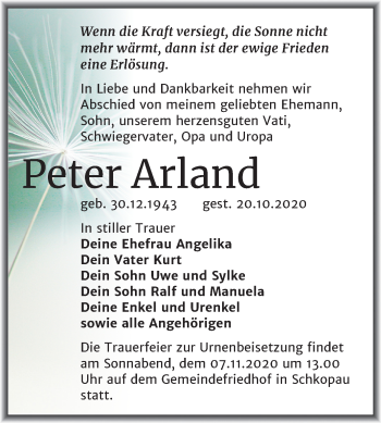 Traueranzeige von Peter Arland von Mitteldeutsche Zeitung Merseburg/Querfurt