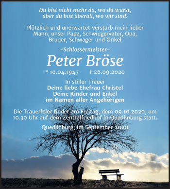 Traueranzeige von Peter Bröse von Mitteldeutsche Zeitung Quedlinburg