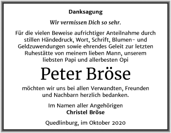 Traueranzeige von Peter Bröse von Mitteldeutsche Zeitung Quedlinburg