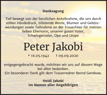Traueranzeige von Peter Jakobi von Wochenspiegel Mansfelder Land