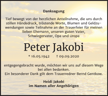Traueranzeige von Peter Jakobi von Mitteldeutsche Zeitung Mansfelder Land
