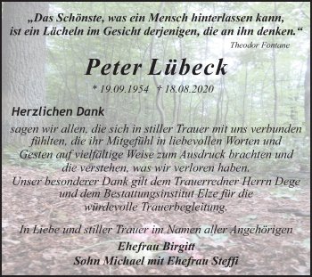 Traueranzeige von Peter Lübeck von Mitteldeutsche Zeitung Dessau-Roßlau