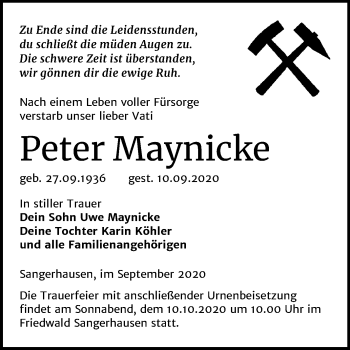 Traueranzeige von Peter Maynicke von Super Sonntag Sangerhausen
