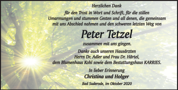 Traueranzeige von Peter Tetzel von Super Sonntag Quedlinburg