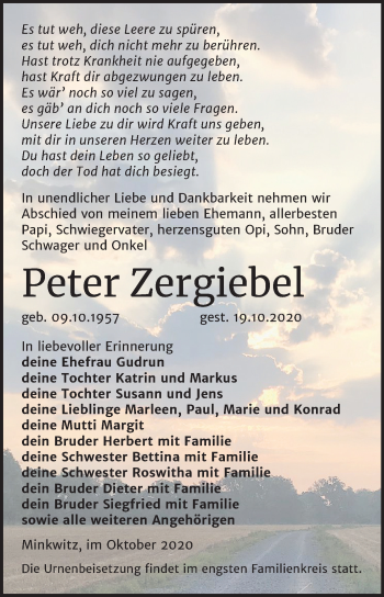 Traueranzeige von Peter Zergiebel von Mitteldeutsche Zeitung Zeitz