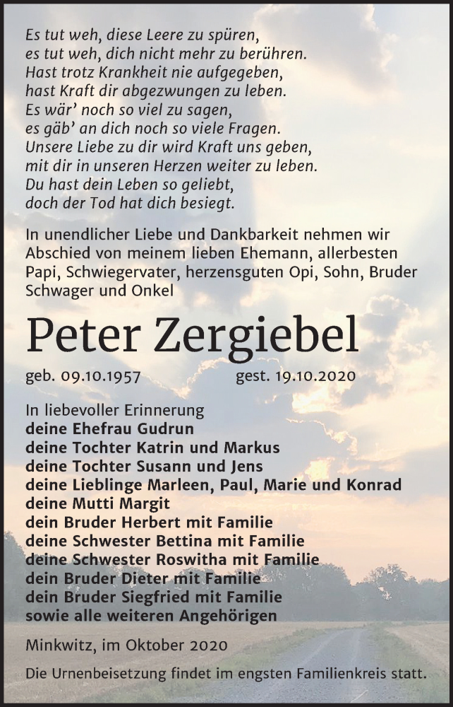  Traueranzeige für Peter Zergiebel vom 24.10.2020 aus Mitteldeutsche Zeitung Zeitz