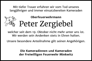Traueranzeige von Peter Zergiebel von Mitteldeutsche Zeitung Zeitz