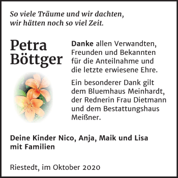 Traueranzeige von Petra Böttger von Mitteldeutsche Zeitung Sangerhausen