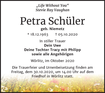 Traueranzeige von Petra Schüler von Mitteldeutsche Zeitung Wittenberg
