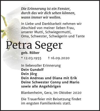 Traueranzeige von Petra Seger von Super Sonntag Sangerhausen