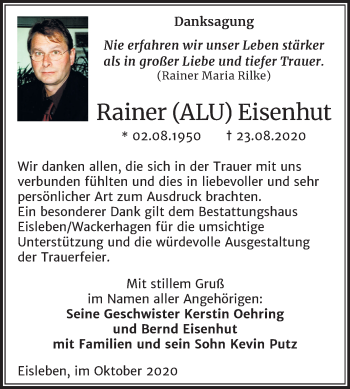 Traueranzeige von Rainer Eisenhut von Mitteldeutsche Zeitung Mansfelder Land