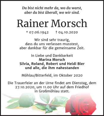 Traueranzeige von Rainer Morsch von Super Sonntag Wittenberg